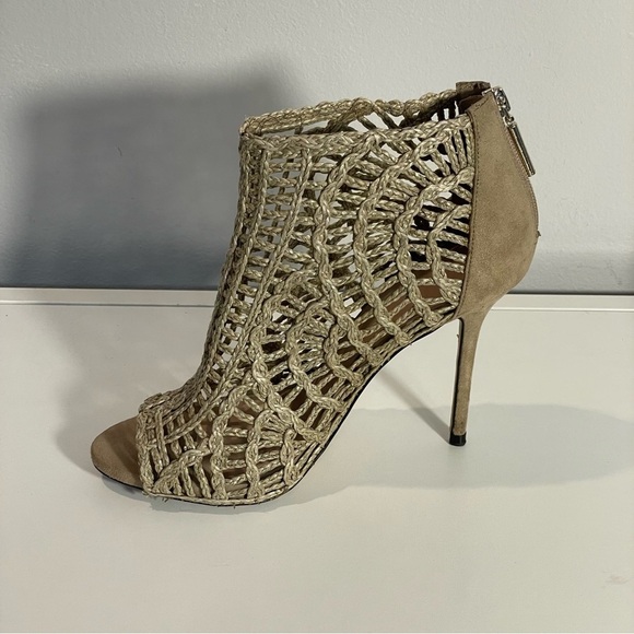 Zara Tan Braided Crochet Open Toe Stiletto Heel Zip Ankle Bootie Sz 39 US 8 - Picture 2 of 12